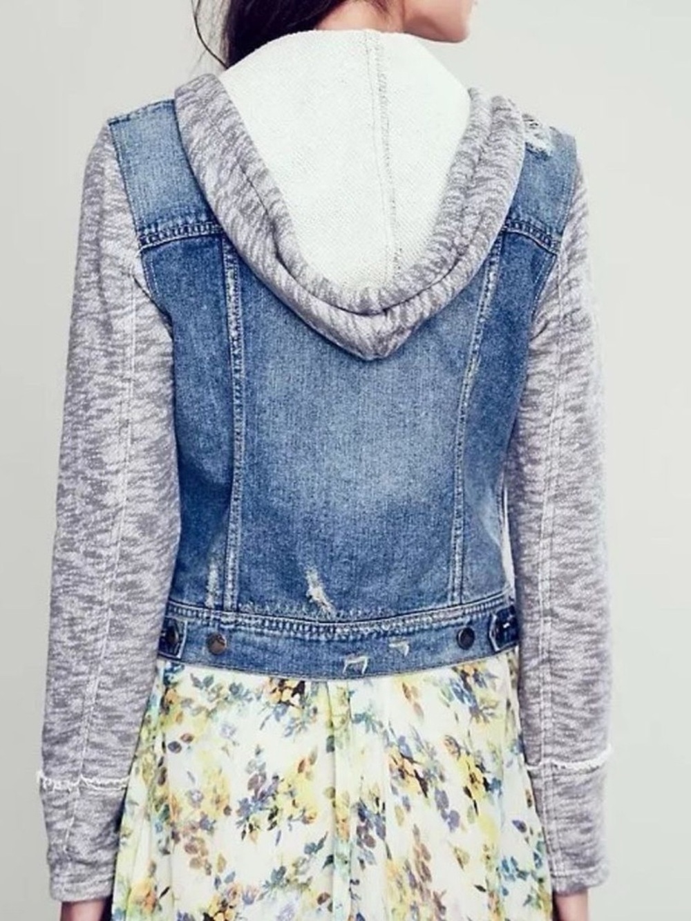 Free People Knit Hooded Denim Jacket with Blue Grey Sleeves - Small - Picture 2 of 11
